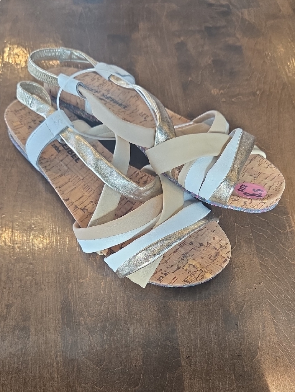 Josef Seibel Size 8.5 Leather Metallic Gold Cream Strappy Slingback Sandals NEW